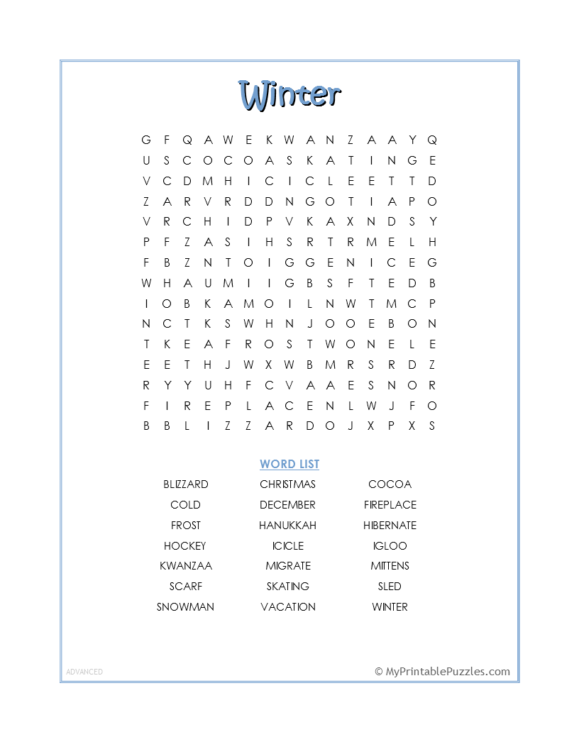 Winter Season Word Searches And Crosswords Printable