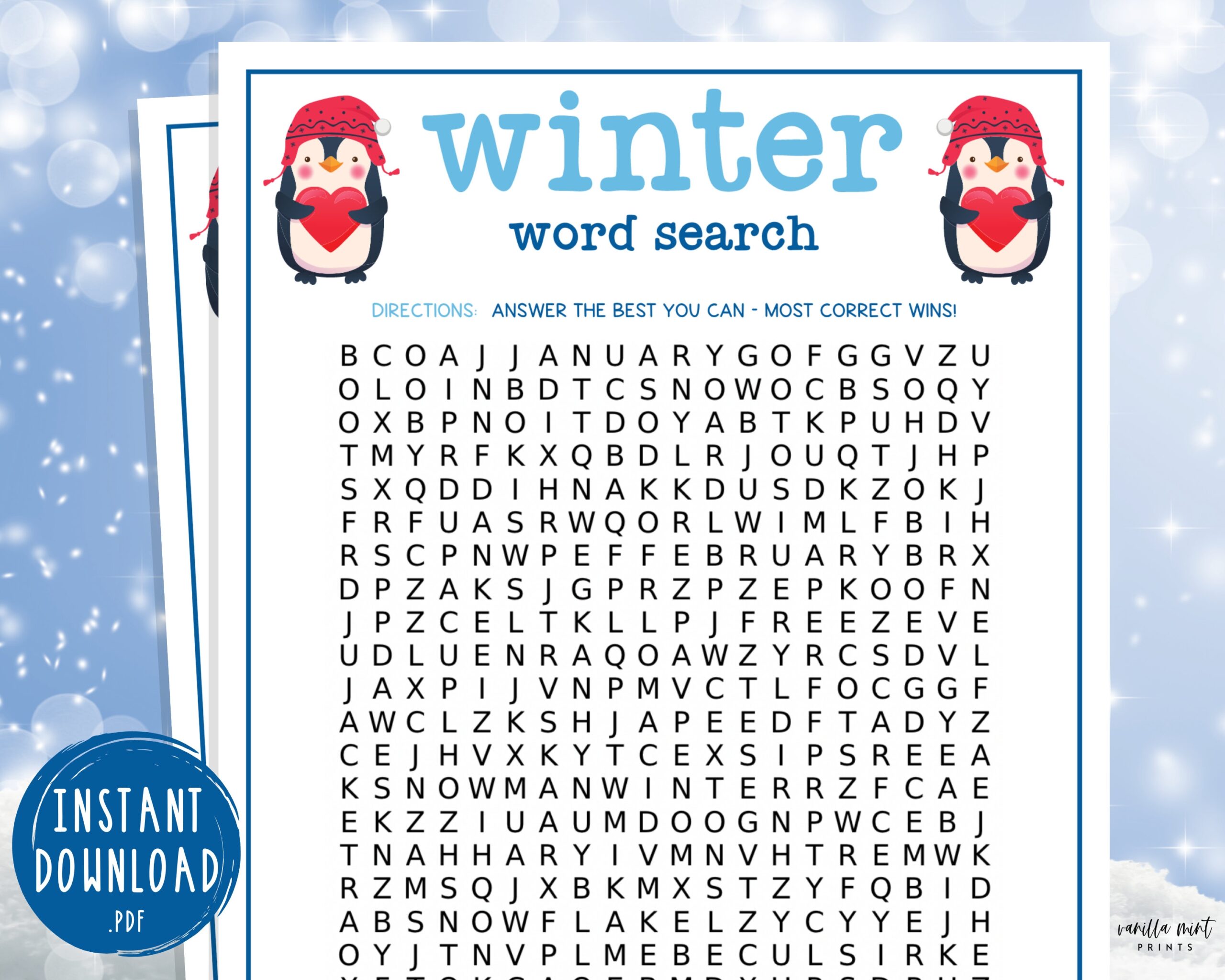 Winter Word Search Game Fun Printable Winter Games Wintertime Activities For Adults Kids Holiday Christmas Cold Weather Activity Etsy