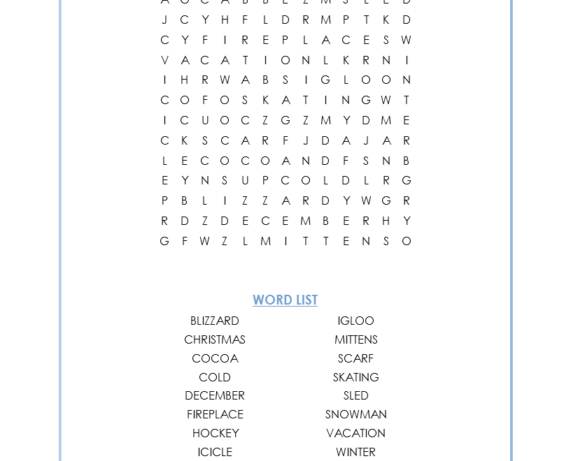 Winter Word Search Intermediate My Printable Puzzles
