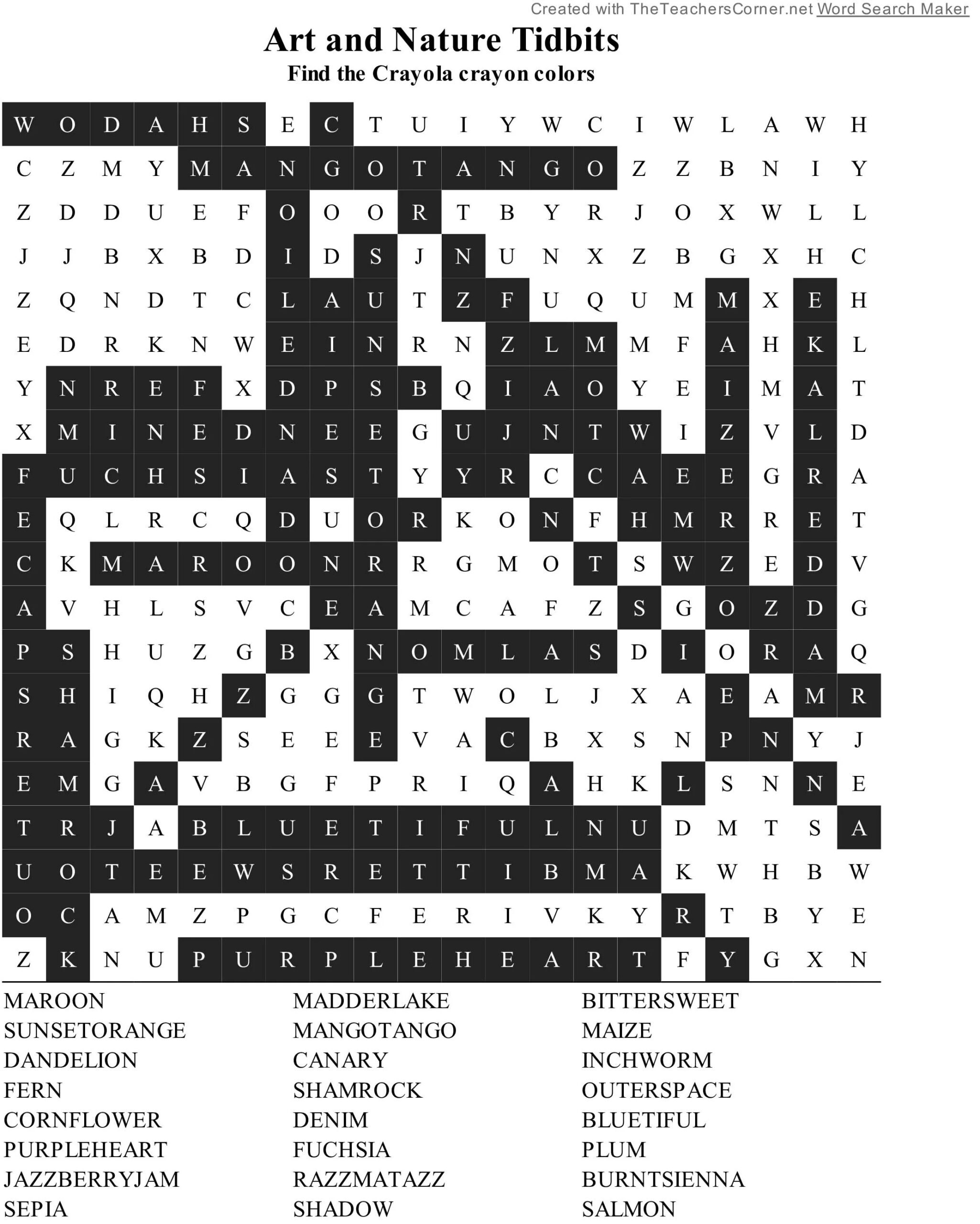 Word Search Key Crayon Colors Art Nature Center