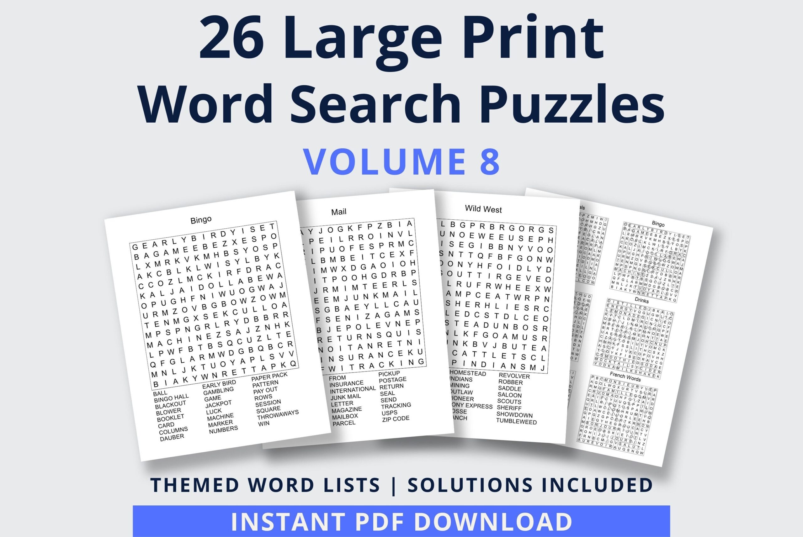 Word Search Printable 26 Word Search Puzzles For Adults Large Print Printable Games Digital Download Vol 8 Etsy