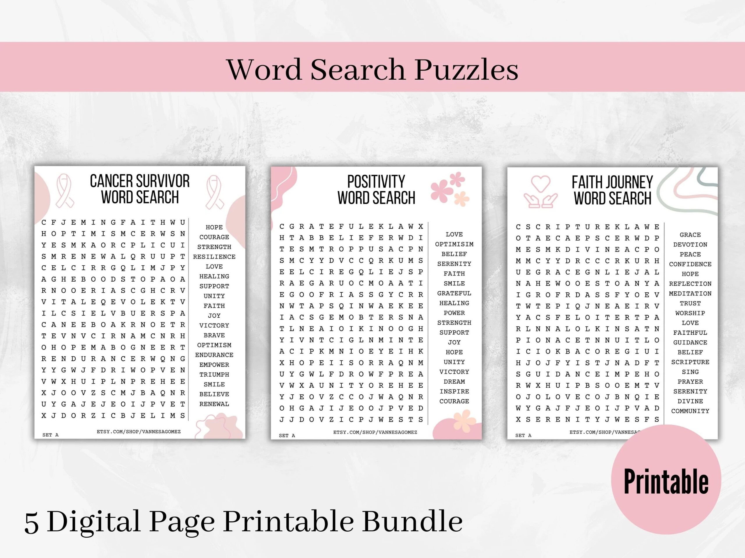 Word Search Printable Puzzle Instant Download 5 page Printable Puzzle Pages Cancer Journey Cancer Survivor Cancer Projects Etsy
