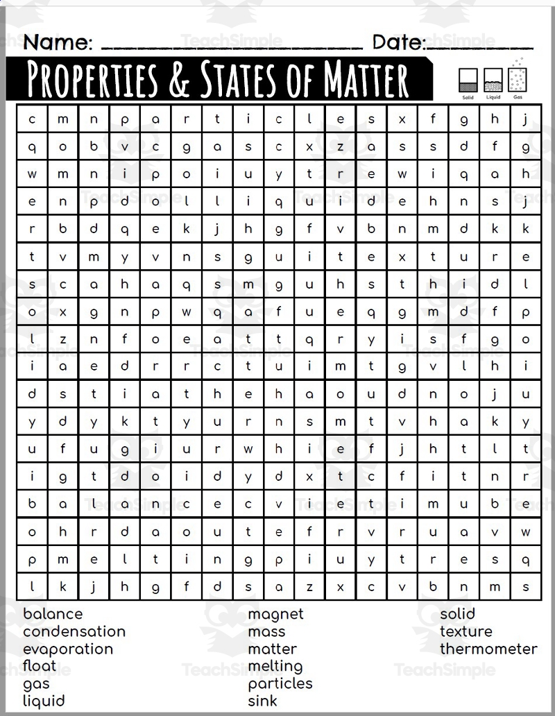 Word Search Properties And States Of Matter By Teach Simple Worksheets Library