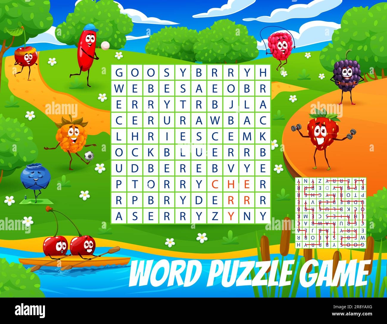 Word Search Puzzle Game Cartoon Cheerful Berry Characters On Summer Meadow Vector Worksheet With Gooseberry Barberry Blackberry And Strawberry Cloudberry Cherry Blueberry Or Raspberry On Field Stock Vector Image Art 