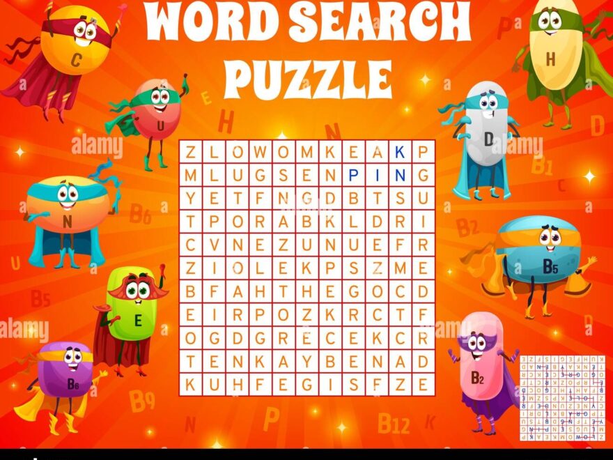 Word Search Puzzle Game Cartoon Cheerful Superhero Vitamin Characters Colors Word Search Quiz Child Vocabulary Puzzle