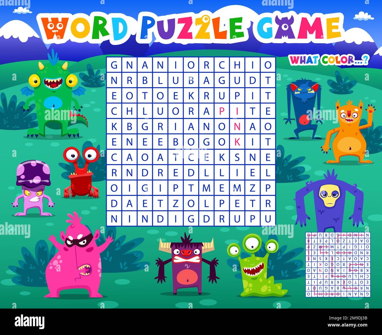 word search puzzle game cartoon monster characters vector worksheet kids quiz grid crossword brainteaser for children with funny aliens mutants and latin letters at square field educational task stock vector image