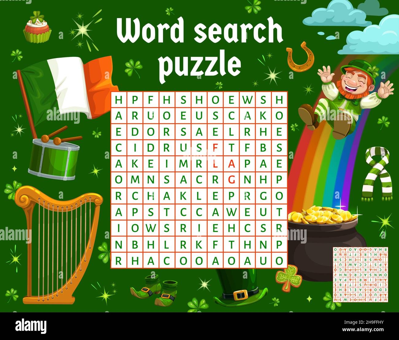 Word Search Puzzle Game Vector Worksheet Of Leprechaun With Gold And Irish Holiday Items Kids Quiz Of Find Hidden Words With Frame Of Saint Patrick D Stock Vector Image Art 