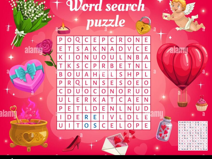 Word Search Puzzle Game Vector Worksheet With Valentine Holiday Cupid Hearts And Gift Cupcake Flowers Magic Potion Pot And Hot Air Balloon Kids Q Stock Vector Image Art Alamy
