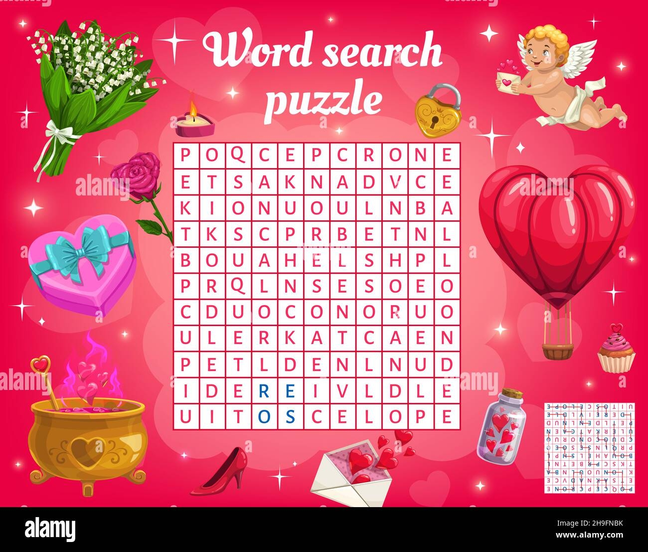 Word Search Puzzle Game Vector Worksheet With Valentine Holiday Cupid Hearts And Gift Cupcake Flowers Magic Potion Pot And Hot Air Balloon Kids Q Stock Vector Image Art Alamy