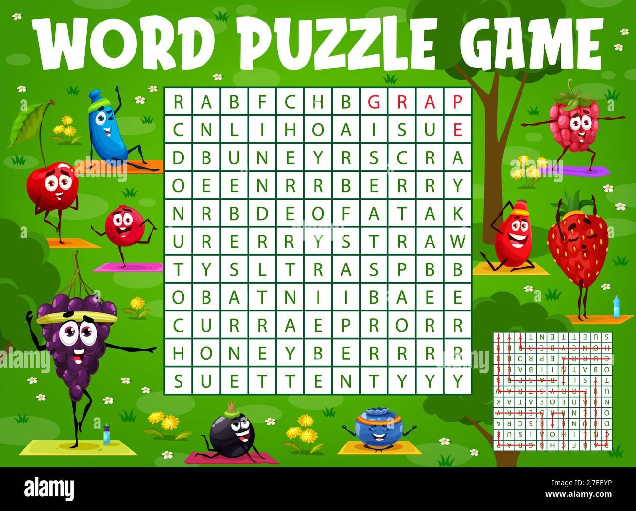Word Search Puzzle Game Worksheet Cartoon Berry Characters On Yoga Fitness Vector Kids Quiz Grid With Cranberry Blueberry Strawberry And Barberry Grape Raspberry Honeyberry Or Currant Stock Vector Image Art 