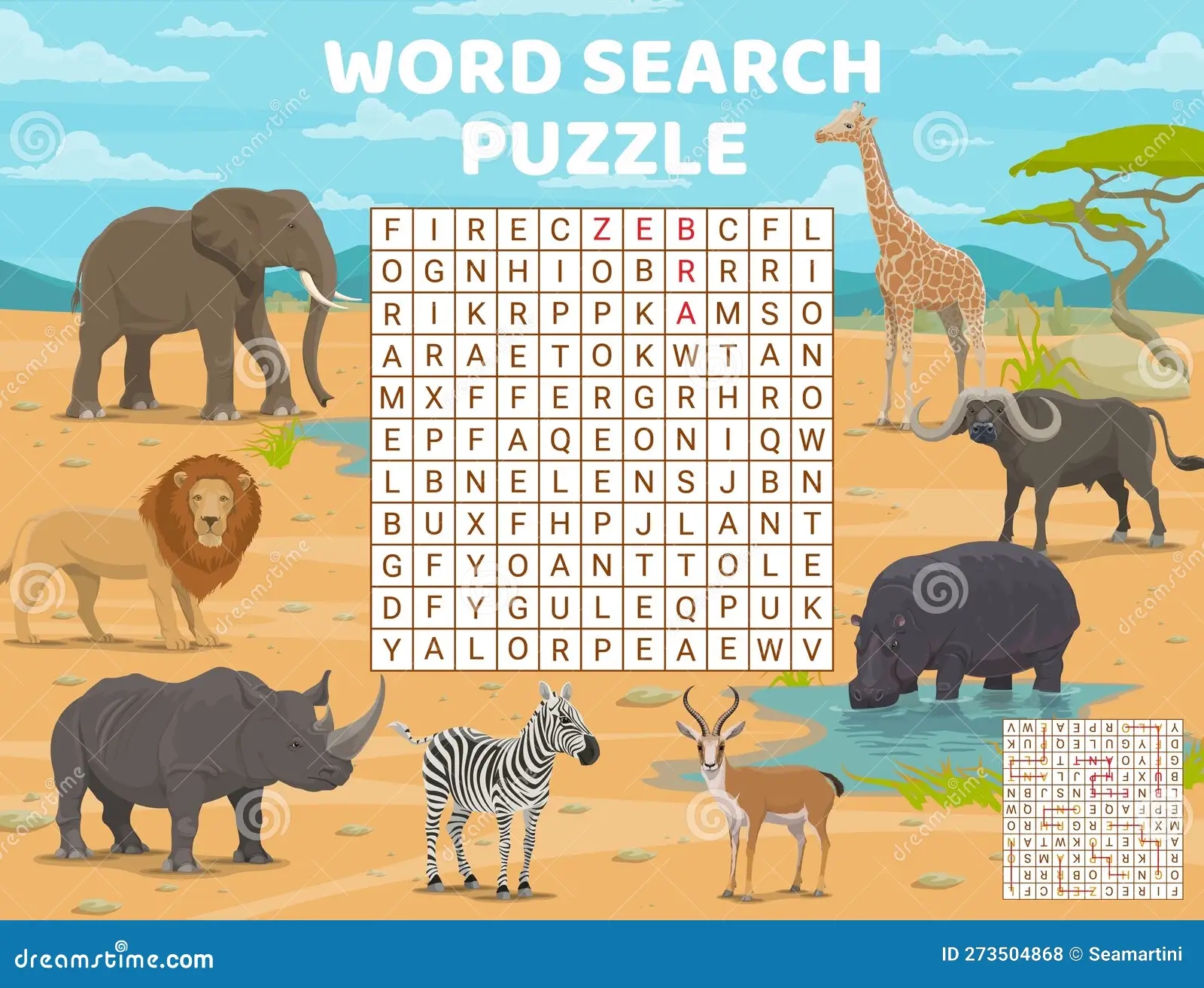 Word Search Puzzle With Cartoon African Animals Stock Vector Illustration Of Wordsearch Development 273504868
