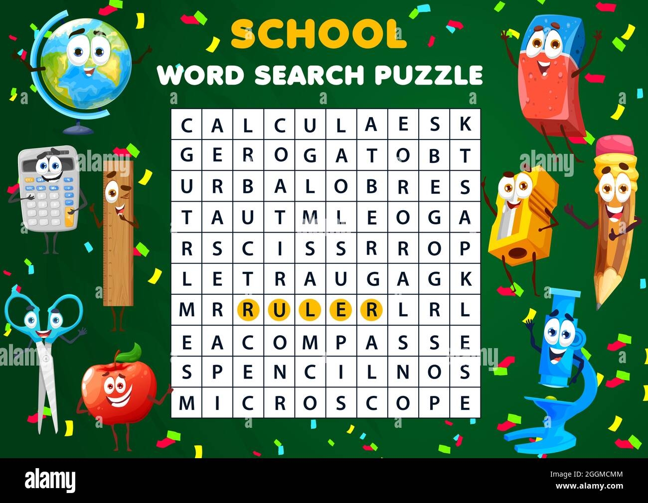 Word Search Puzzle Worksheet Kids Quiz Game With School Characters Education Vector Crossword With Cartoon Funny Globe Apple Sharpener And Scissor Stock Vector Image Art Alamy
