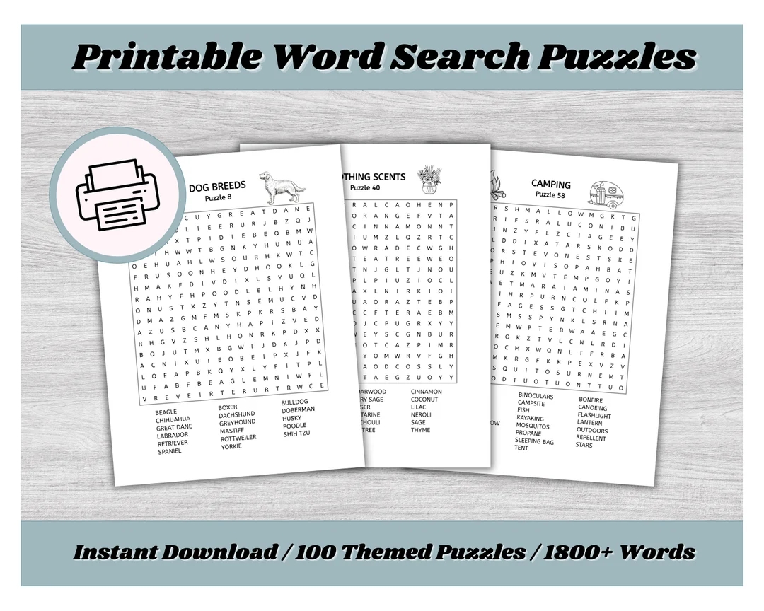 Word Search Puzzles 100 Themed Puzzles Instant Download Large Print High Resolution Kids Adults And Seniors Includes Solutions Etsy
