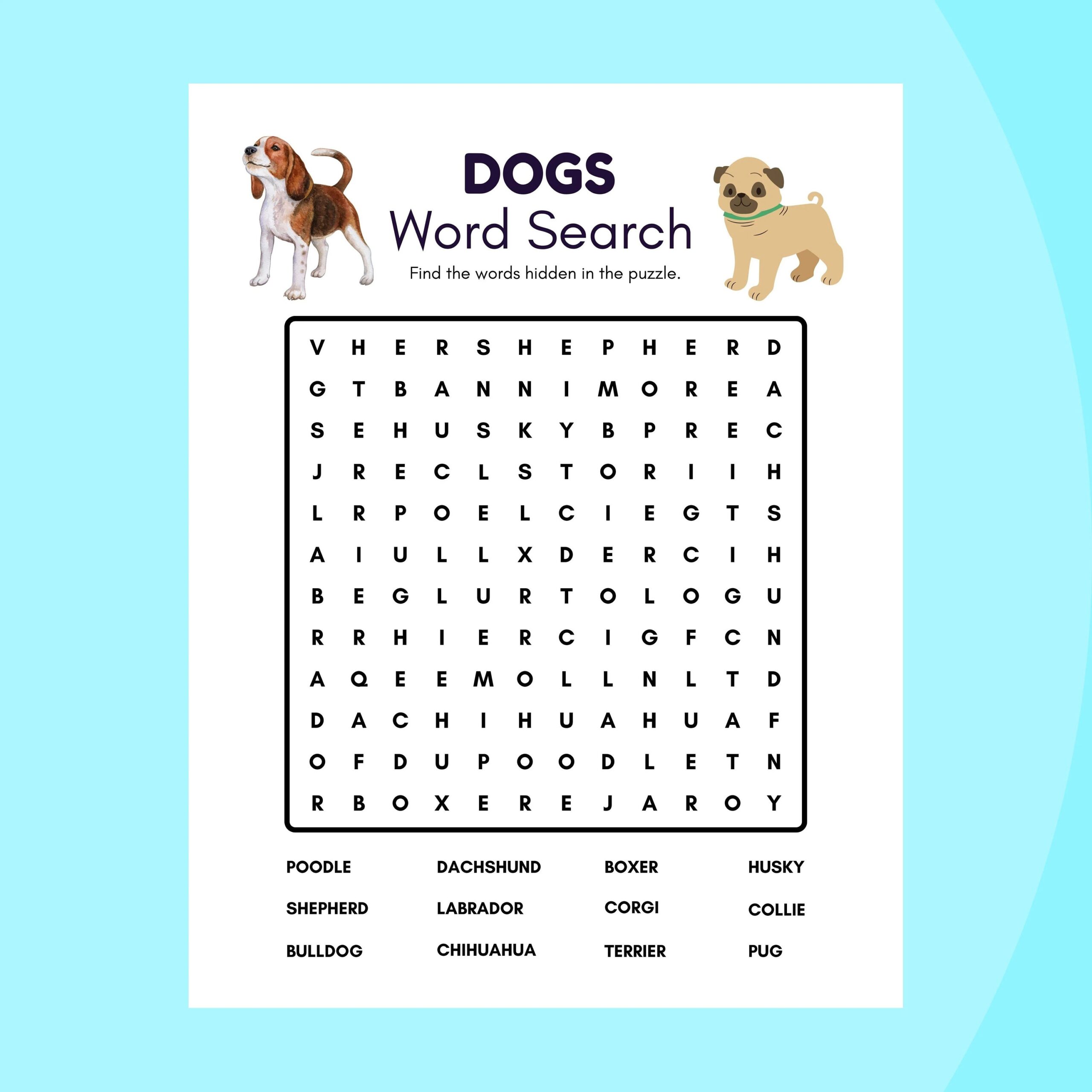 word search puzzles activity for kids circus dogs amusement park searching games printable digital download etsy