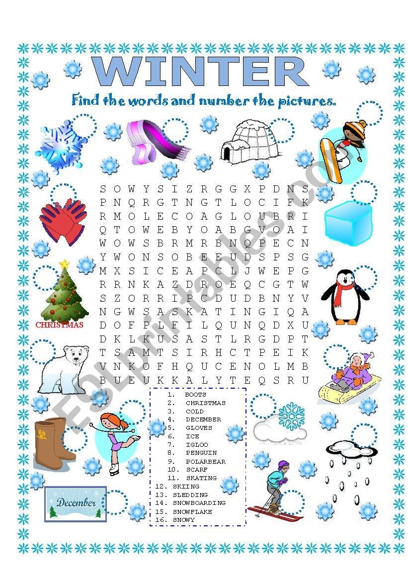 WORD SEARCH WINTER ESL Worksheet By Lupiscasu