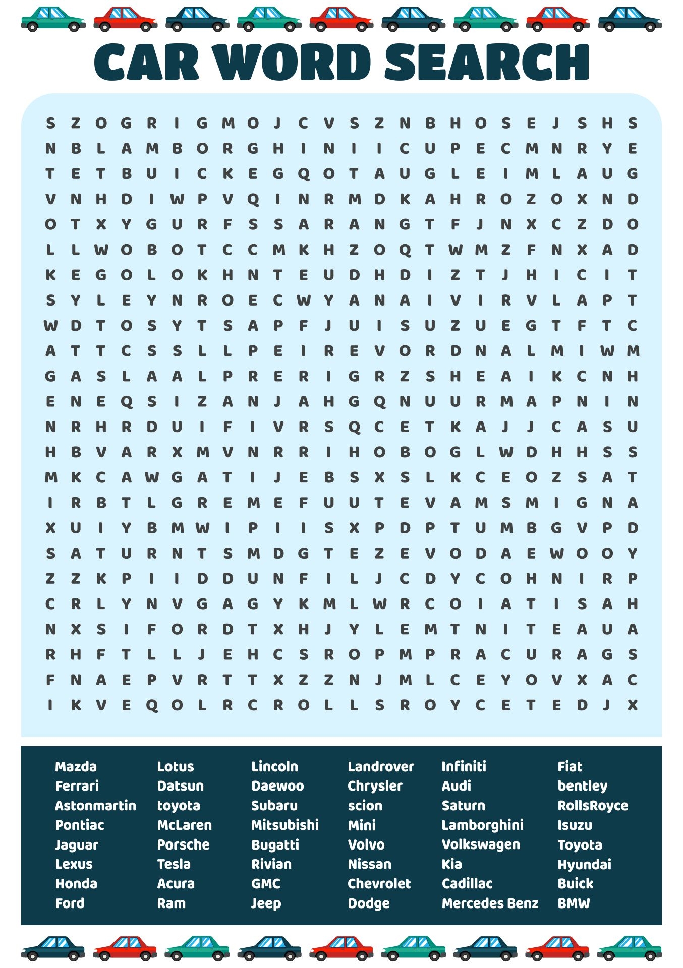 Printable Word Search Fast Cars