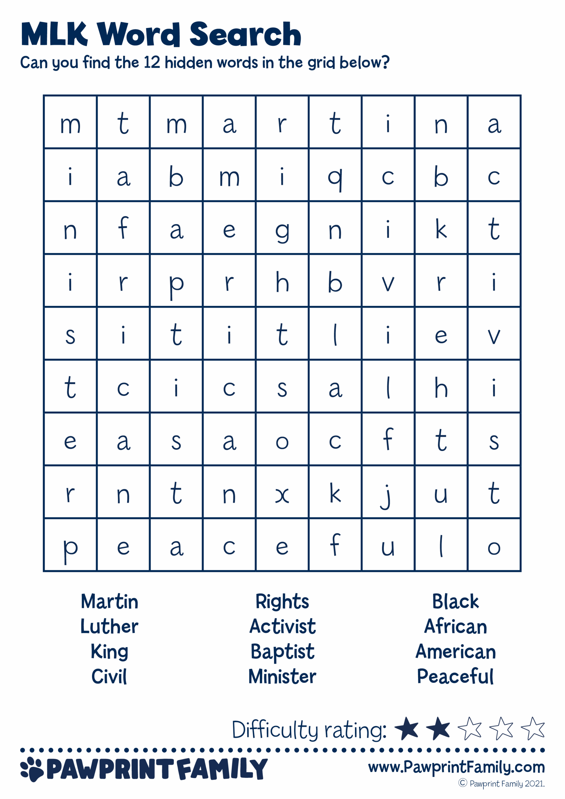 Mlk Word Search Puzzle Printable
