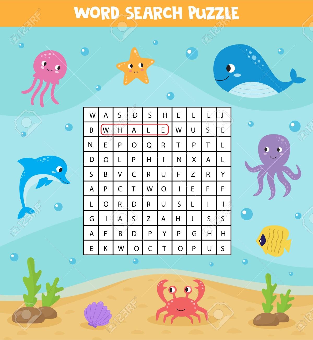 Words Search Puzzle For Kids Sea Animals Find The Words In Field Printable Material Elementary Crossword For Children Royalty Free SVG Cliparts Vectors And Stock Illustration Image 145234929 