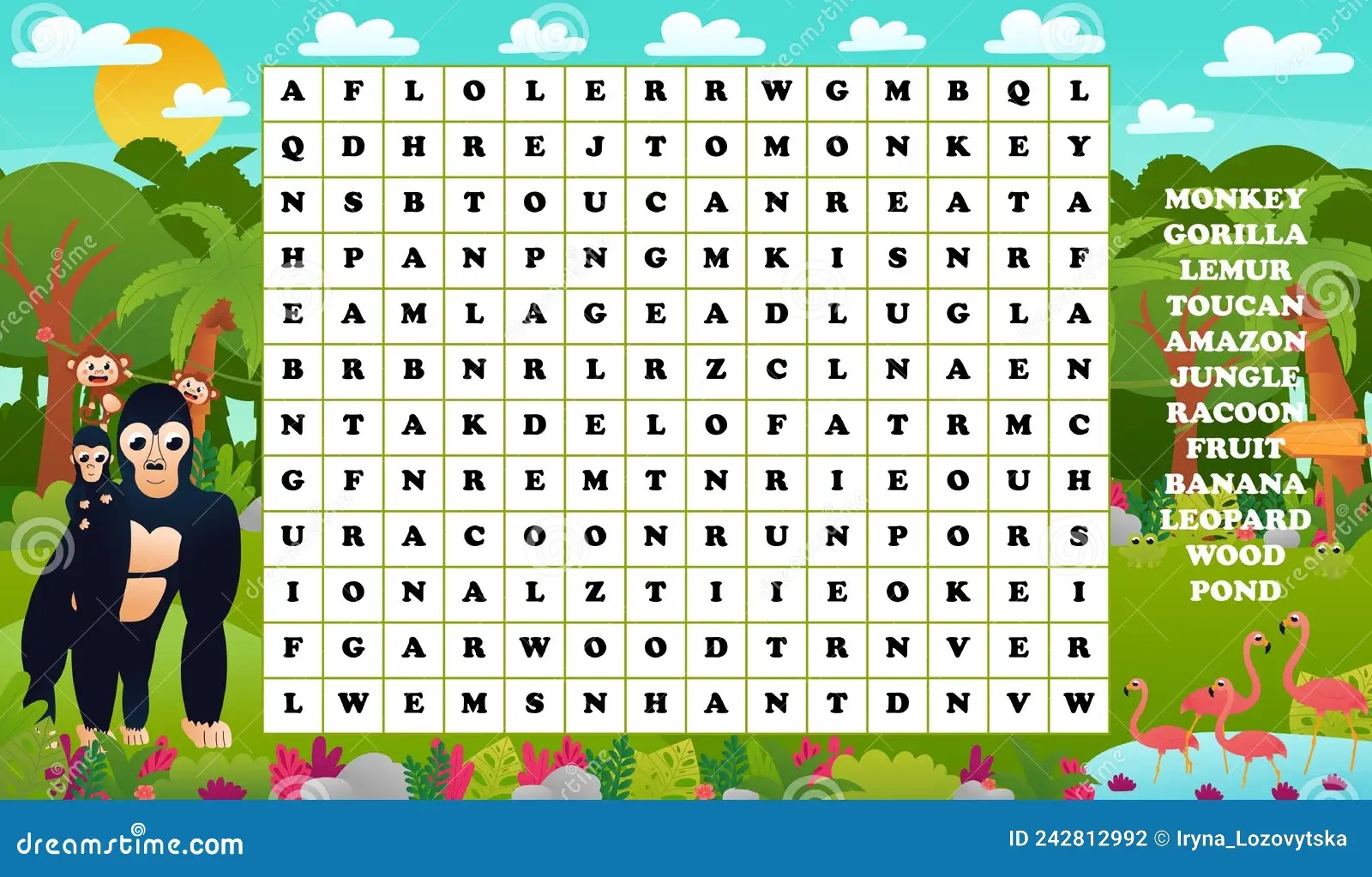 Words Search Puzzle For Kids With Cute Tropical Jungle Forest Animals Gorilla And Monkey Flamingo Stock Vector Illustration Of Game Crossword 242812992