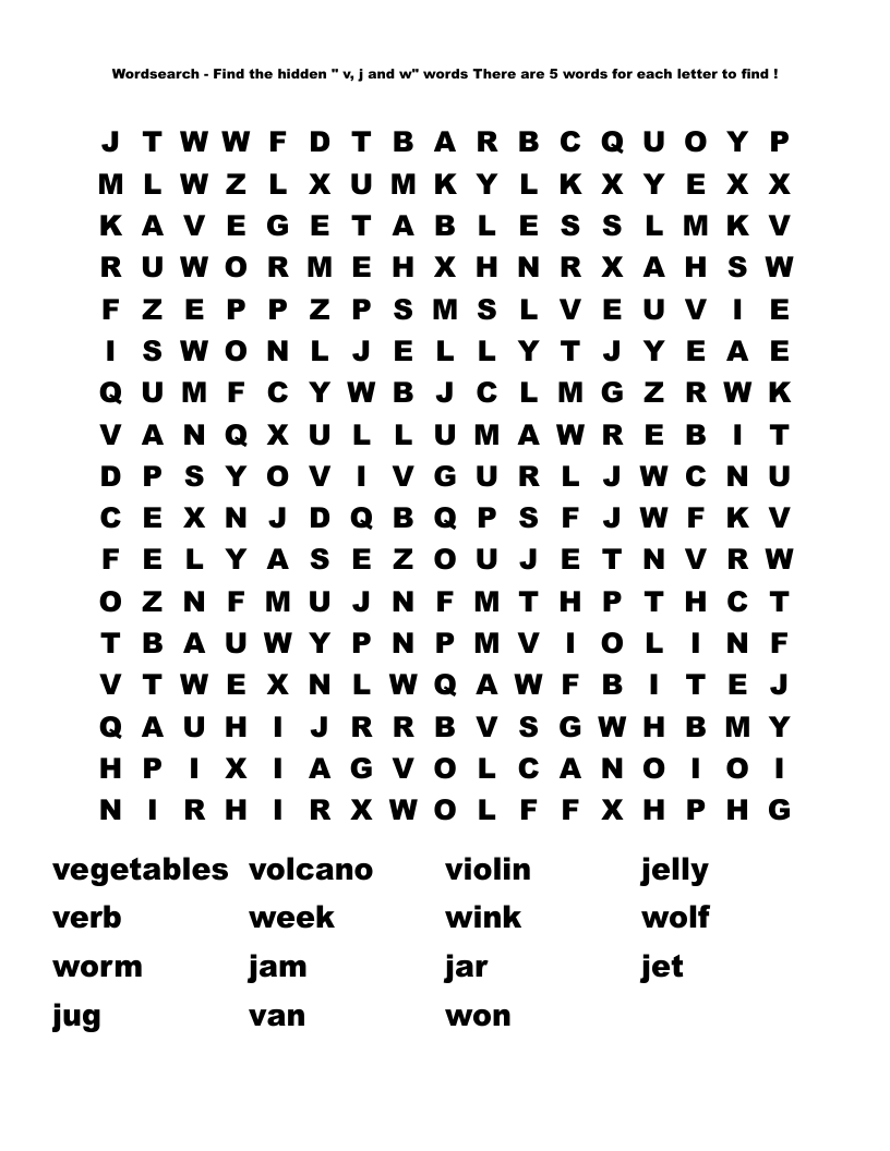 Wordsearch Find The Hidden V J And W Words There Are 5 Words For Each Letter To Find WordMint