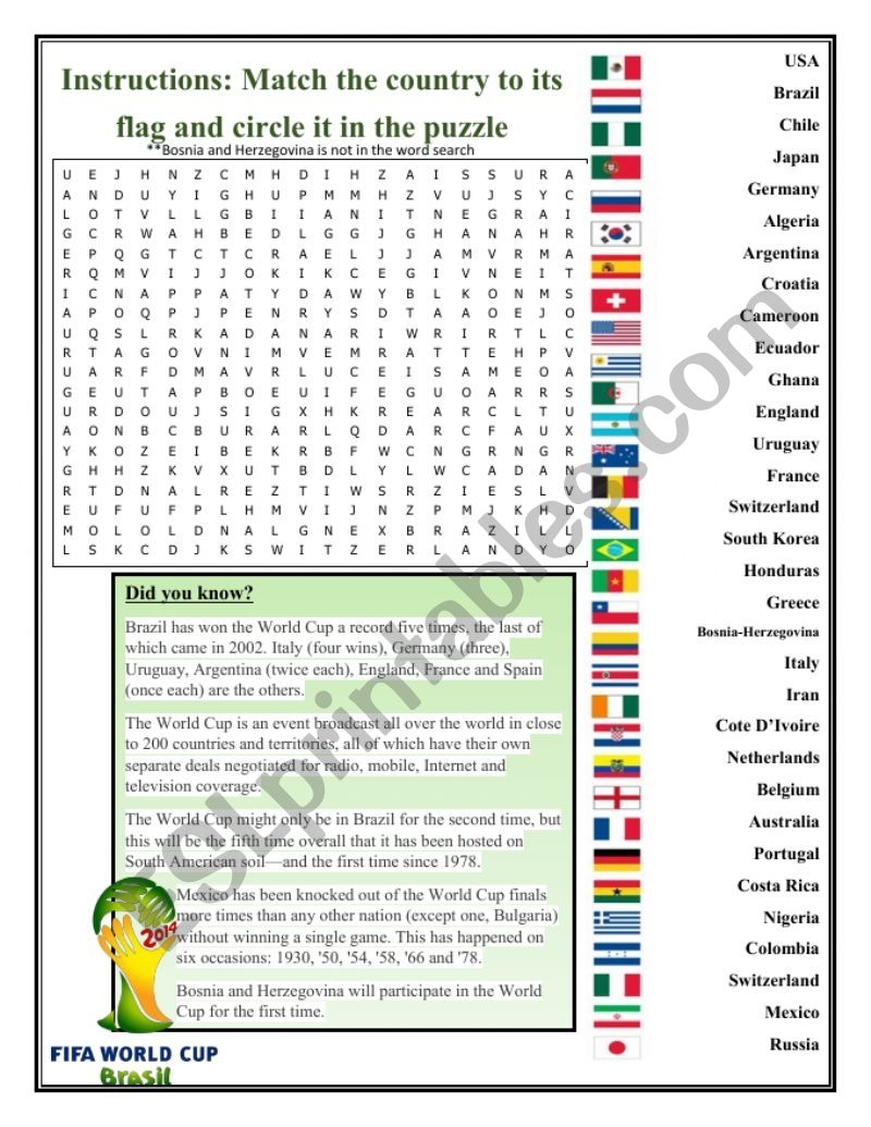 World Cup 2014 Matching And Word Search ESL Worksheet By Swanhime