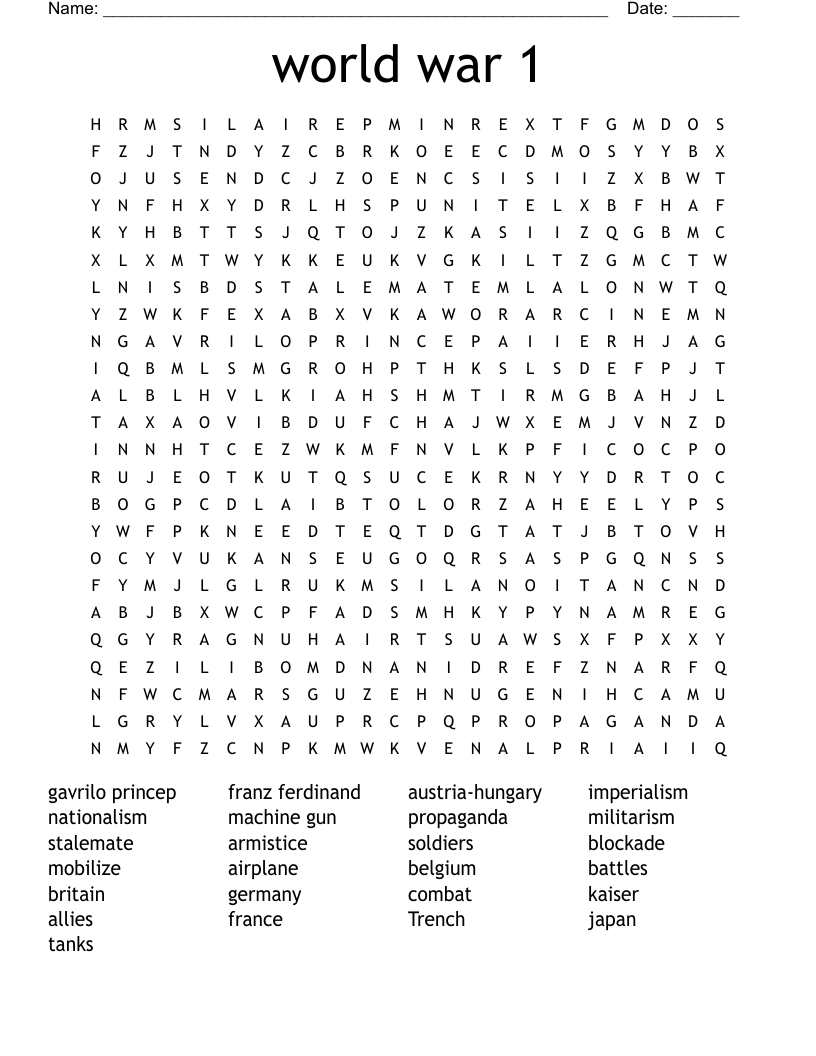 World War 1 Word Search WordMint