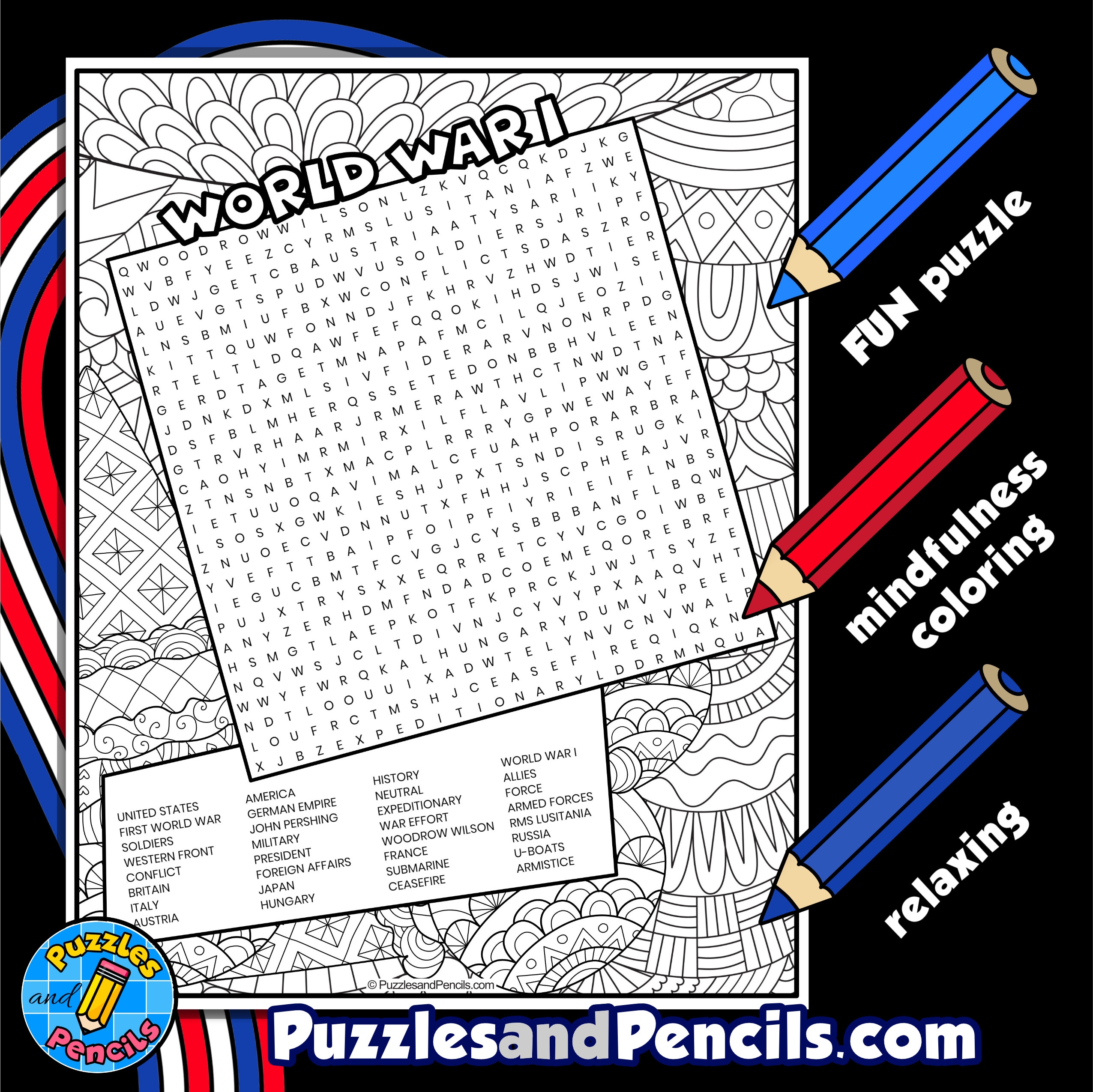 World War I Word Search Puzzle With Coloring US History Wordsearch Made By Teachers