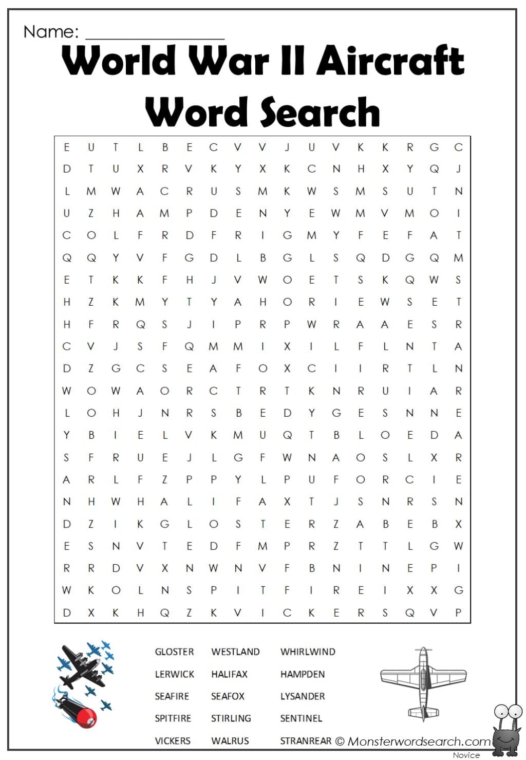 World War Ii Aircraft Word Search Monster Word Search