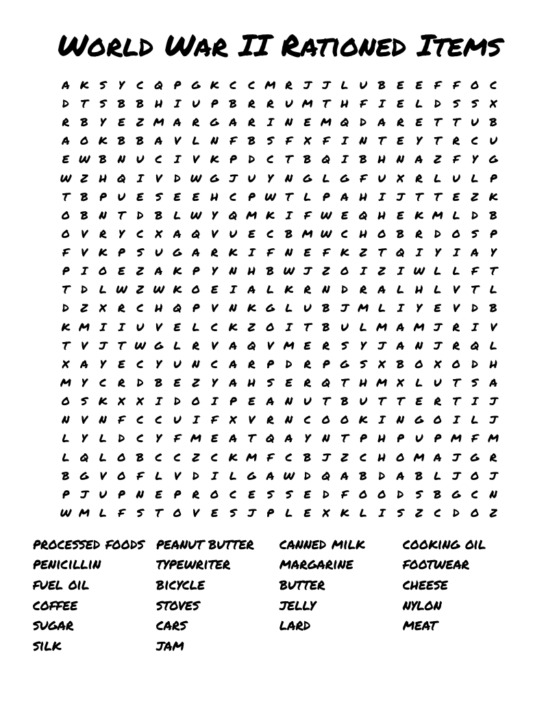 World War II Rationed Items Word Search WordMint