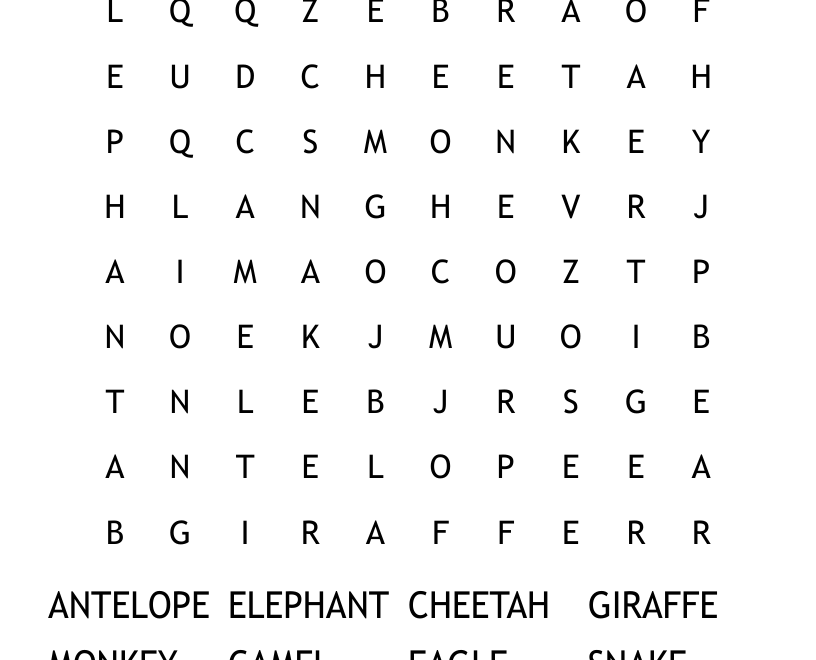 Zoo Animals Word Search WordMint