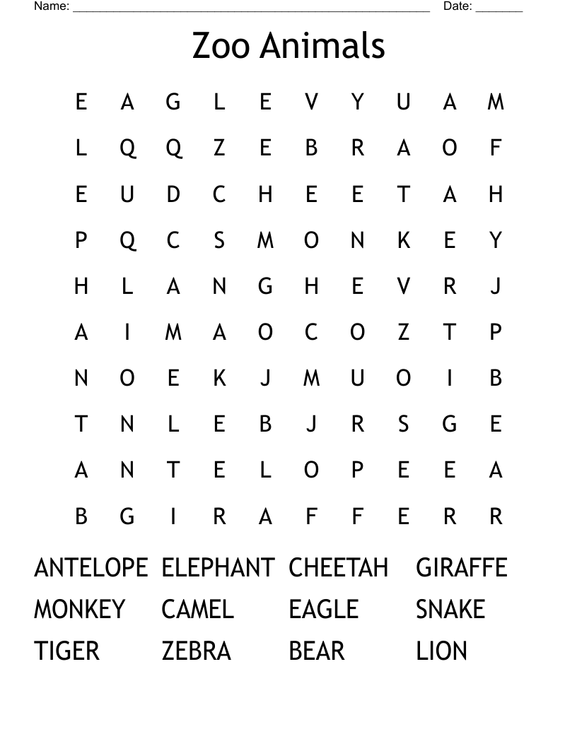 Zoo Animals Word Search WordMint