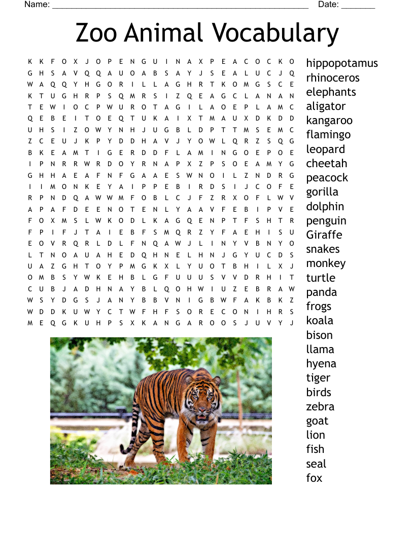 Zoo Animals Word Search Printable