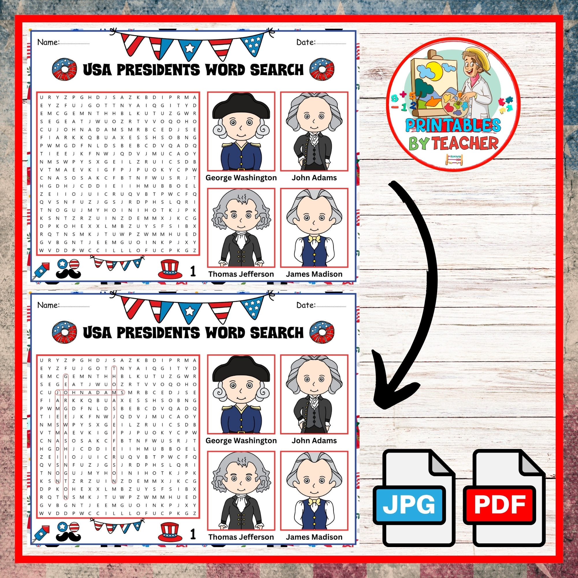 45 USA Presidents Day Word Search Game puzzle Craft Activity Worksheets Classful