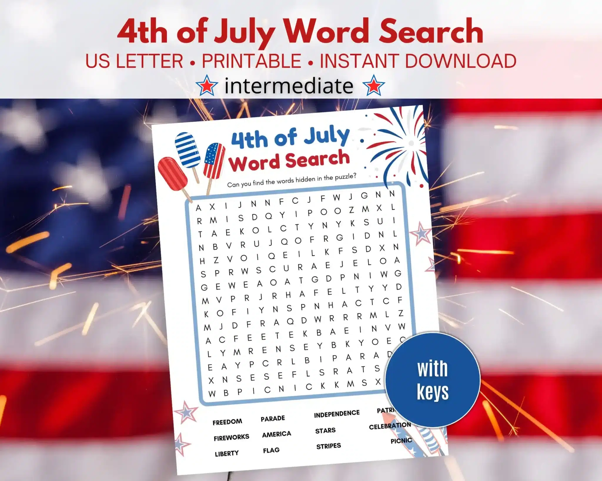 4th Of July Word Search Printable Intermediate Patriotic Puzzle For Kids