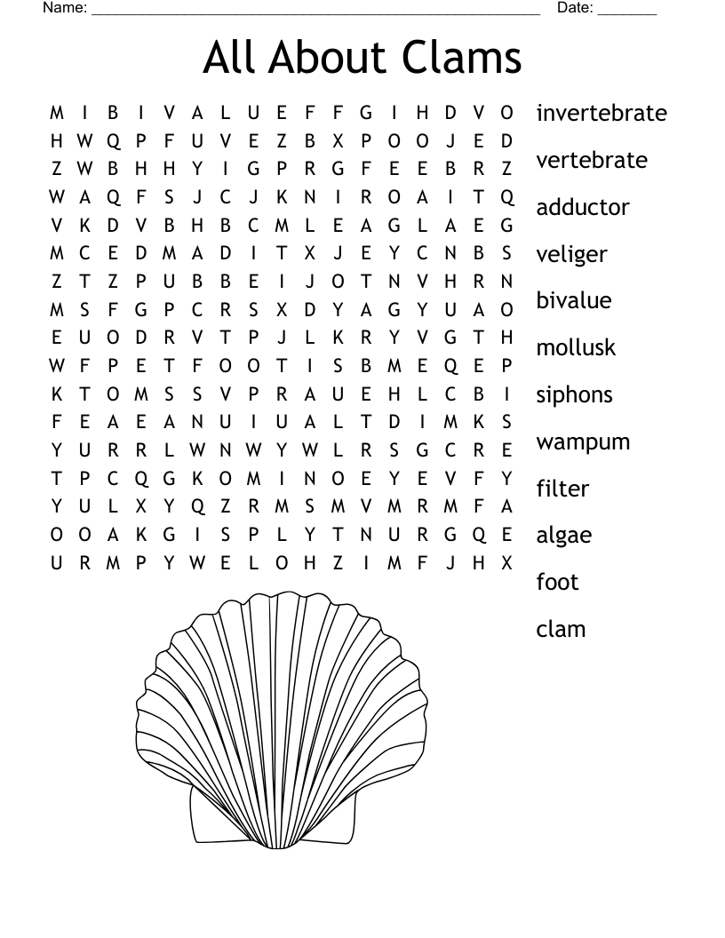 All About Clams Word Search WordMint