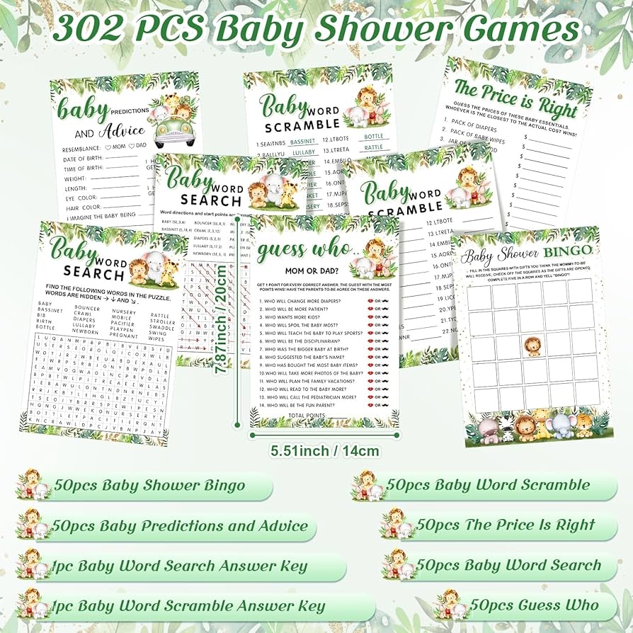 Amazon Jetec 302 Pcs Safari Animal Theme Baby Shower Games 6 Games 50 Sheets Each Shower Party Bingo Word Scramble Baby Word Search Predictions And Advice The Price Is Right Guess Who 