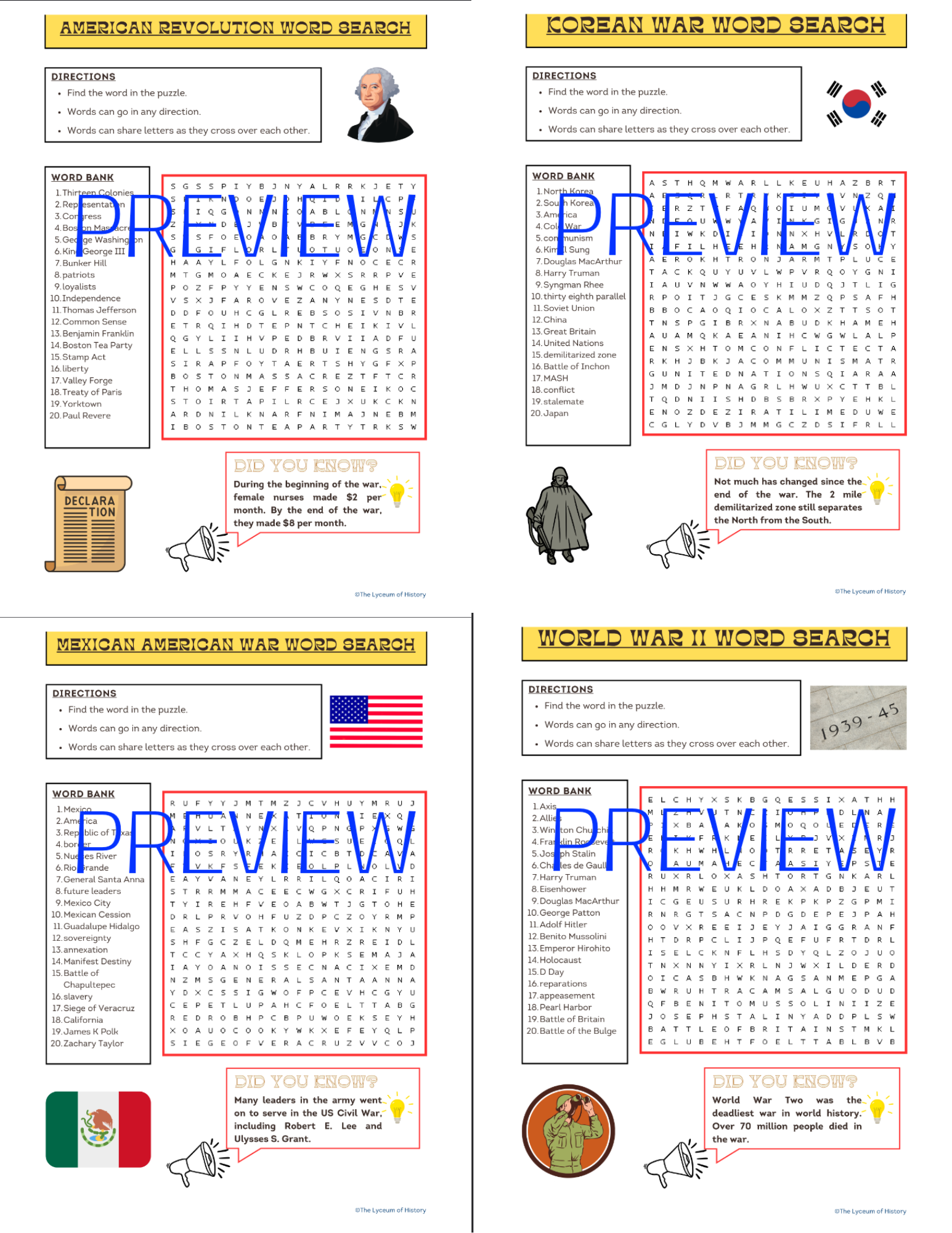 American Wars Word Searches Classful