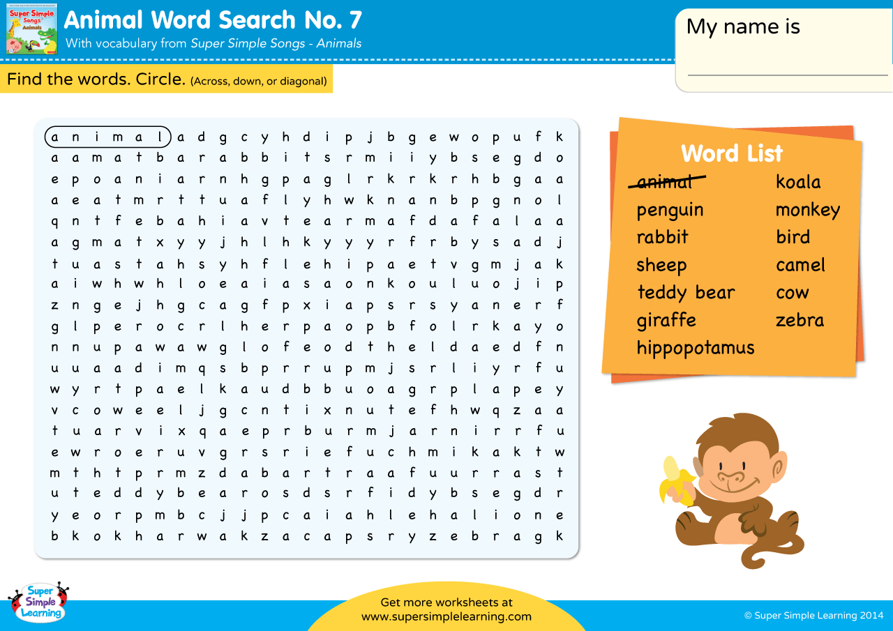 Animals Word Search 7 Super Simple
