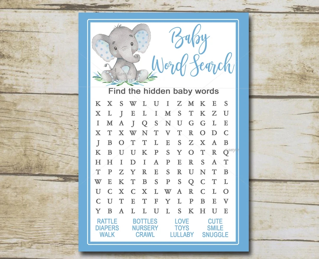 Boy Elephant Baby Shower Game Word Search Game Blue Elephant Boy Baby Shower Safari Baby Shower Printable Instant Download P19 Etsy