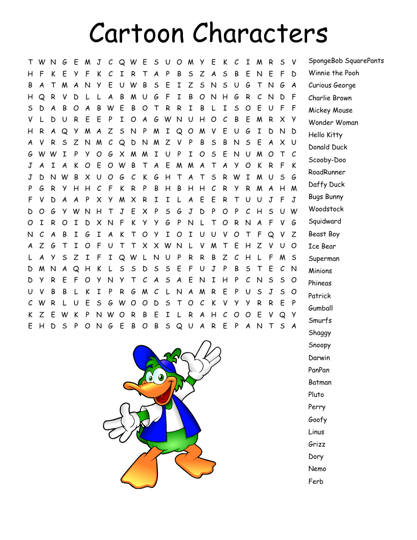Cartoon Characters Word Search WordMint