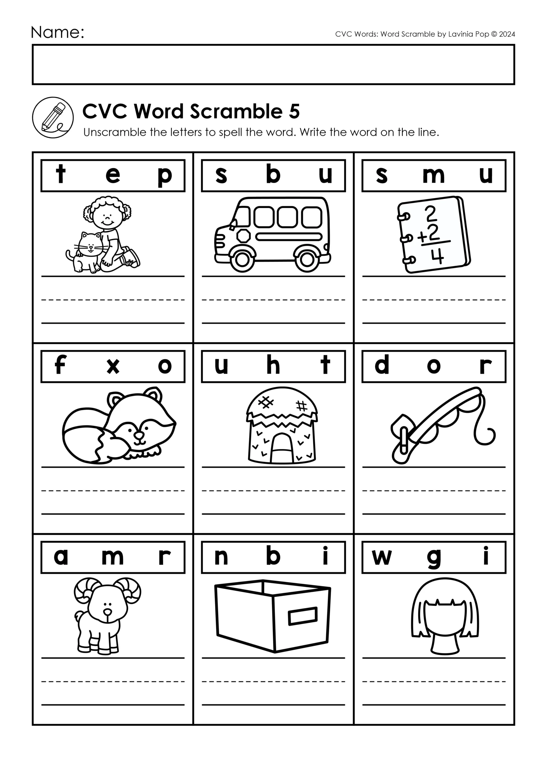 CVC Word Scramble Printable Worksheets