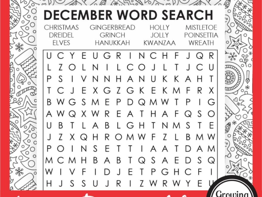 December Word Search Free Printable Growing Play