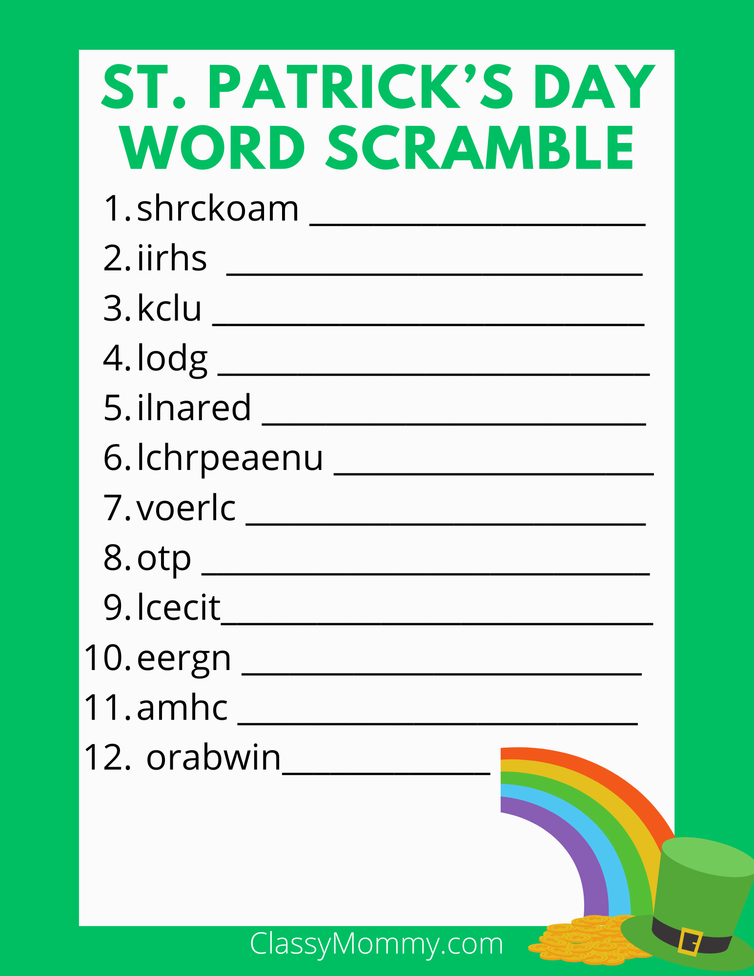 Easy Free Printable St Patrick s Day Word Scramble Classy Mommy