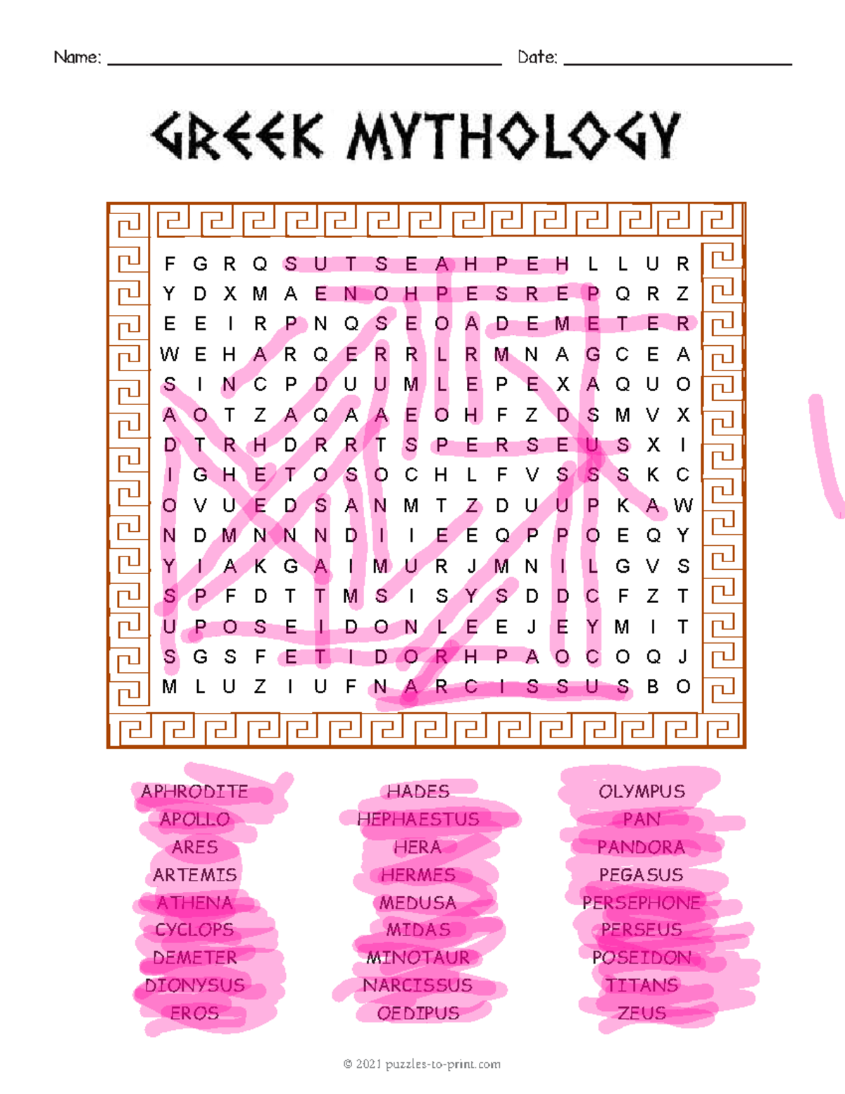 Printable Mythology Word Search