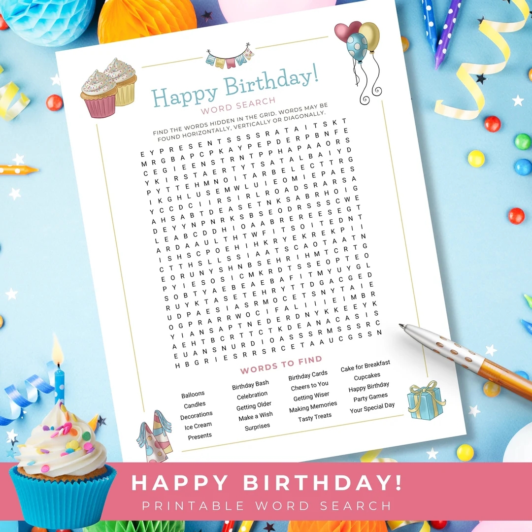 Happy Birthday Word Search Printable Birthday Party Games Digital Bday Gift Office Birthdays Employee Gifts Word Puzzle Game For Adults Etsy
