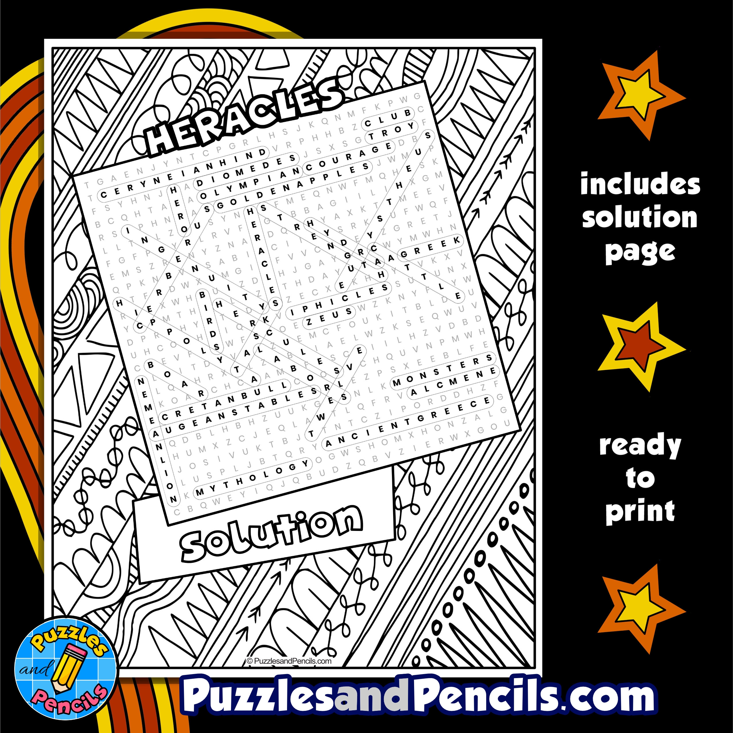 Heracles Word Search Puzzle With Coloring Hercules Greek Mythology Wordsearch Made By Teachers