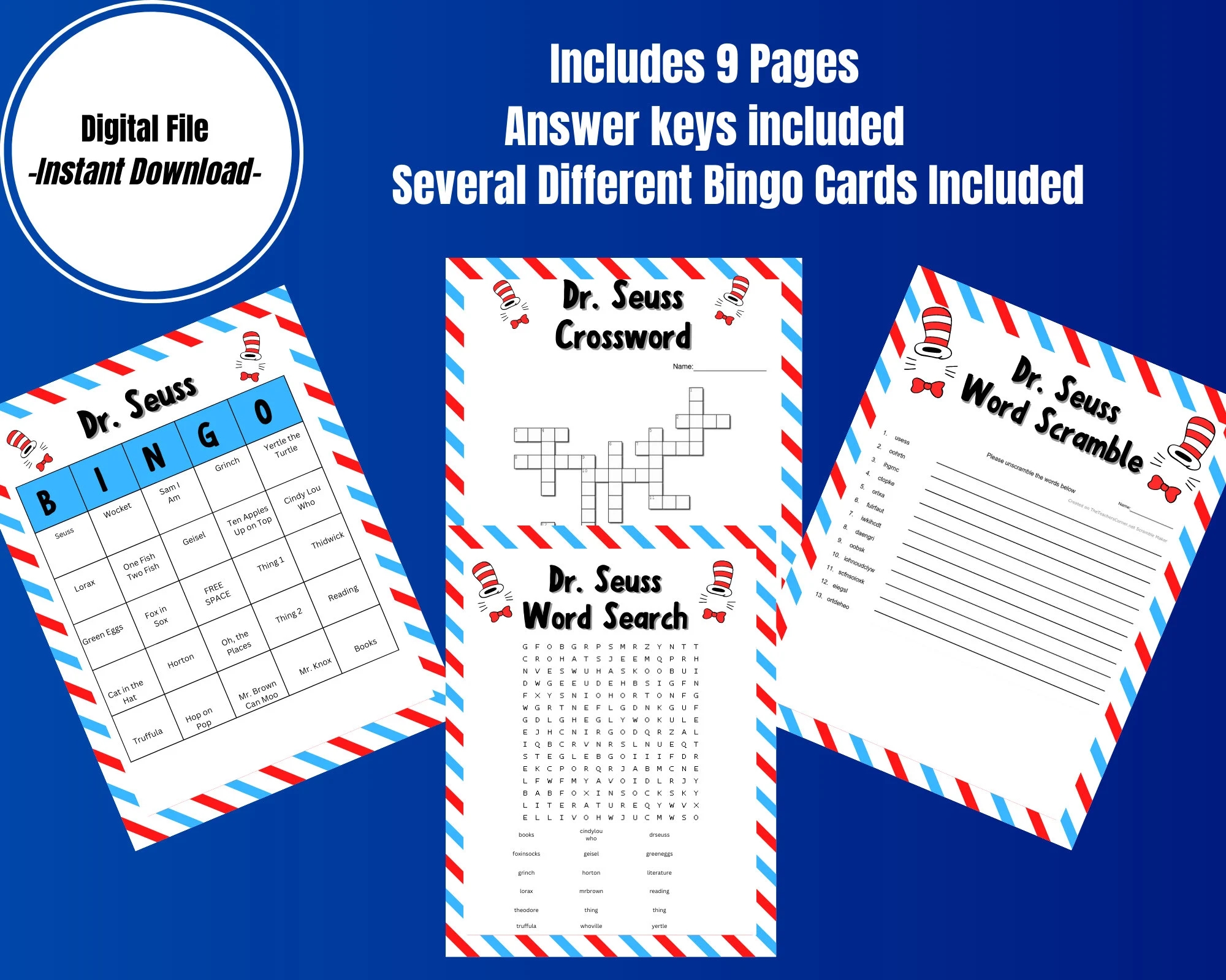 Instant Printable Dr Seuss Activity Bundle Read Across America Week Games Cat In The Hat Lorax Grinch Class Fun School Party Etsy