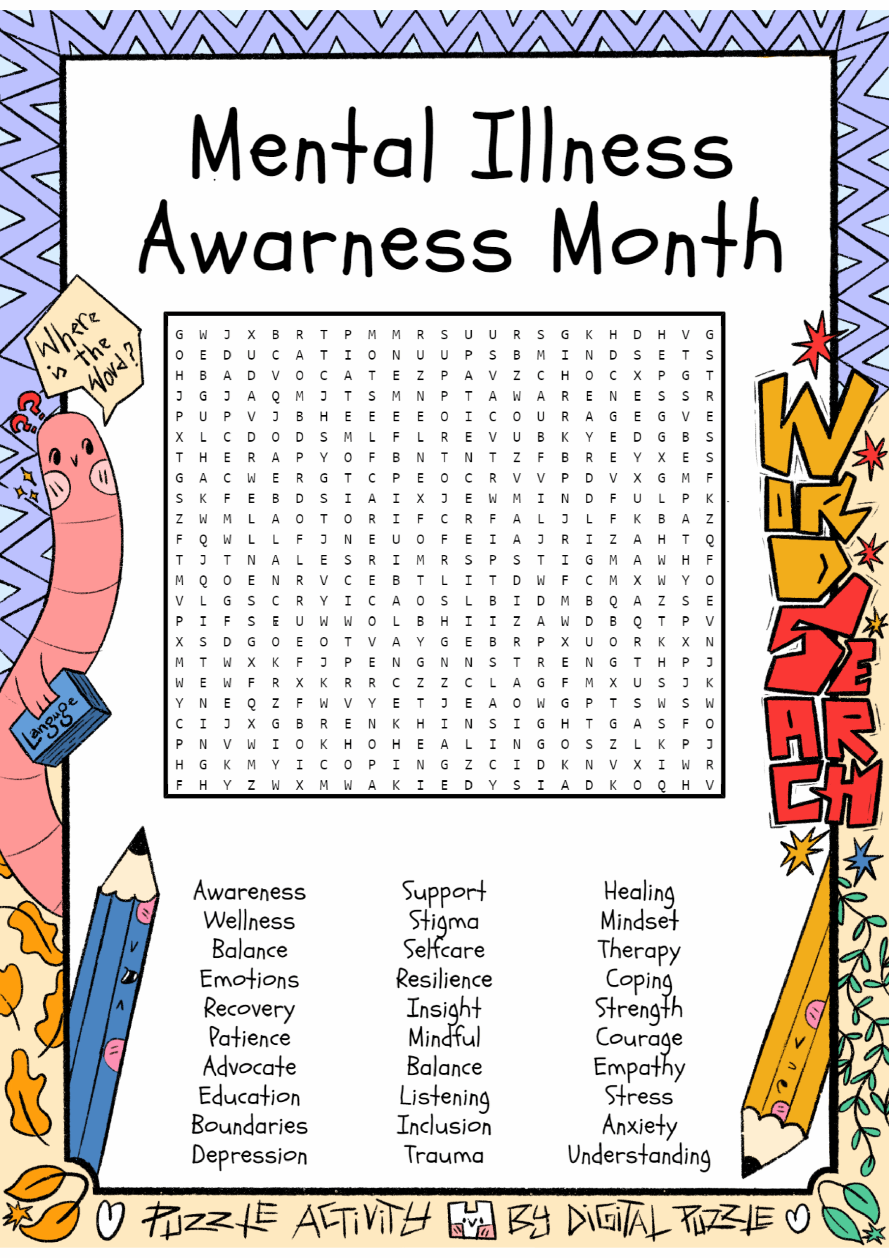 Mental Illness Awarness Month Word Search Puzzle Worksheet Activities Made By Teachers
