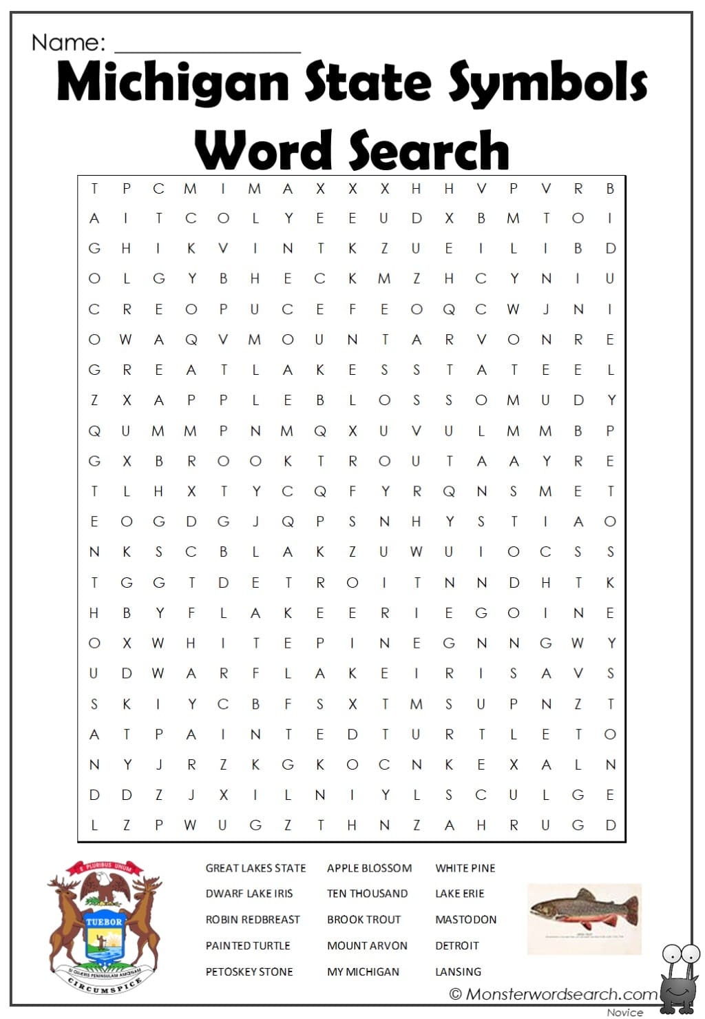 Michigan State Symbols Word Search Monster Word Search