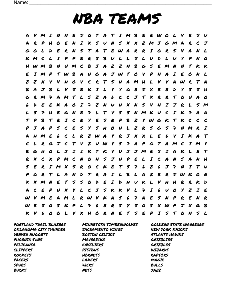 NBA Teams Word Search WordMint